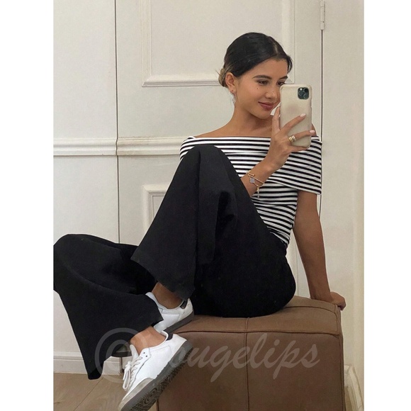 Striped Black White Rib Knit Fold Over Off Shoulder Slim Top Shirt - Picture 7 of 15